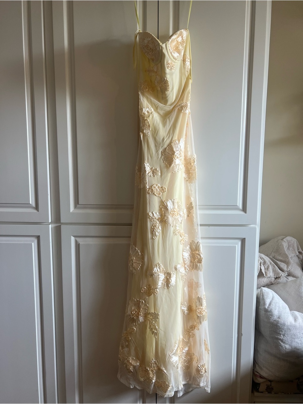 Delicate Pale Yellow Floral Embroidered Maxi Dress